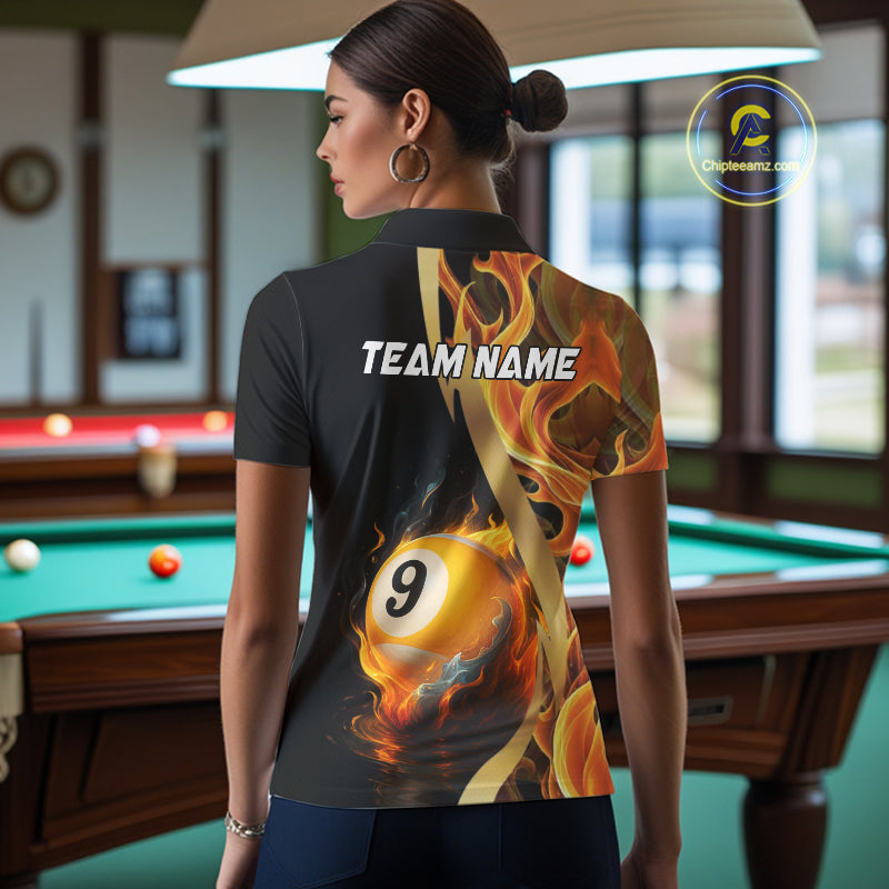 Orange 8 Ball & 9 Ball Fire Flame Billiard Shirt For Women Custom Pool Team Shirts, Billiard Jersey TDM5349