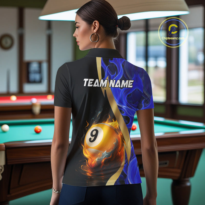 Blue 8 Ball & 9 Ball Fire Flame Billiard Shirt For Women Custom Pool Team Shirts, Billiard Jersey TDM5350