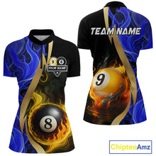 Load image into Gallery viewer, Blue 8 Ball &amp; 9 Ball Fire Flame Billiard Shirt For Women Custom Pool Team Shirts, Billiard Jersey TDM5350