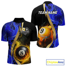 Load image into Gallery viewer, Blue 8 Ball &amp; 9 Ball Fire Flame Billiard Shirt For Men Custom Pool Team Shirts, Billiard Jersey TDM5350