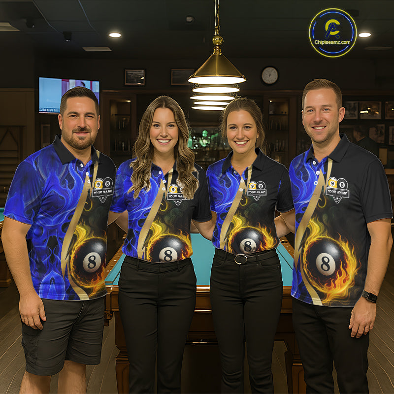 Blue 8 Ball & 9 Ball Fire Flame Billiard Shirt For Women Custom Pool Team Shirts, Billiard Jersey TDM5350
