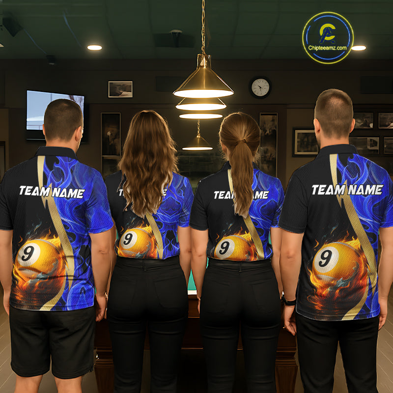 Blue 8 Ball & 9 Ball Fire Flame Billiard Shirt For Women Custom Pool Team Shirts, Billiard Jersey TDM5350
