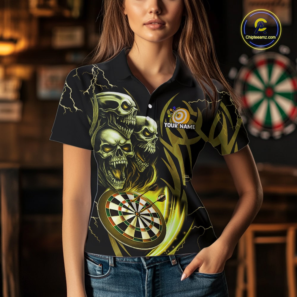 Personalized Skull & Dragon Darts Shirt For Women Custom Lightning Dartboard Team Jersey |Yellow TDM5651