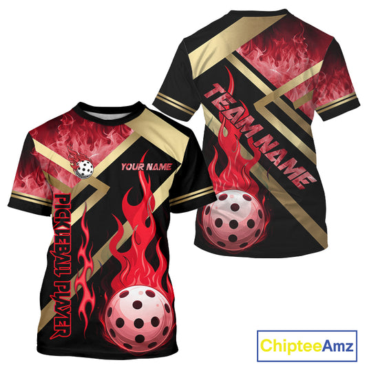 Red Flames Pickleball Ball T-Shirt For Men Custom Pickleball Jersey Personalized Team Apparel