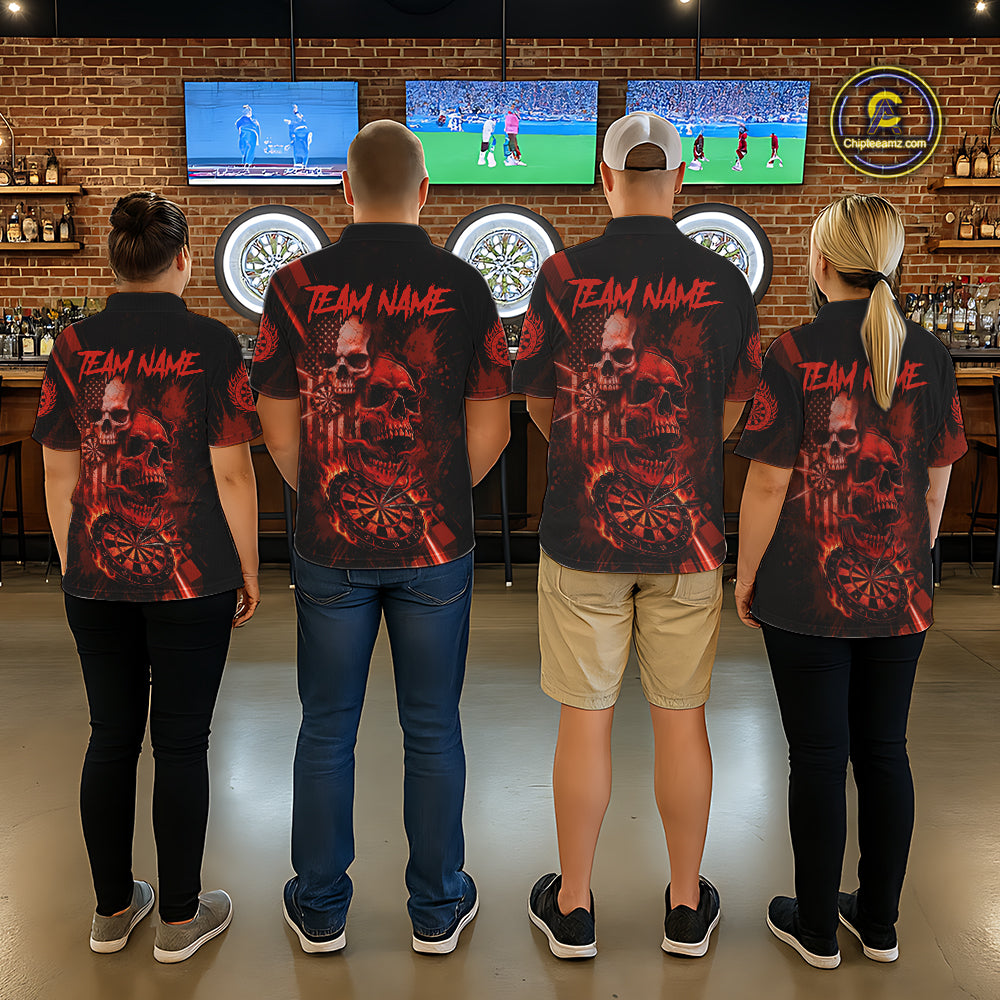 Custom Red Smokes Grunge Skull Women Darts Polo Shirt US Flag Skull Dart League Jerseys NYN2123