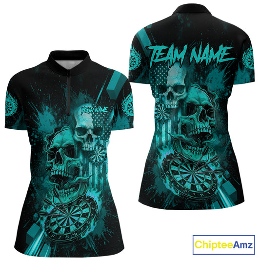 Custom Turquoise Smokes Grunge Skull Women Darts Quarter- Zip Shirt US Flag Skull Dart League Jerseys NYN2125