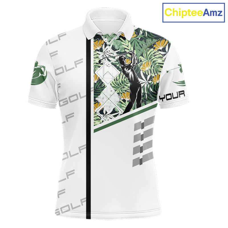 Custom Name Green Tropical Golf Mens Polo Shirt, White Golf Jerseys Best Floral Golf Gifts NYN2993