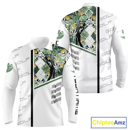 Custom Name Green Tropical Golf Mens Polo Shirt, White Golf Jerseys Best Floral Golf Gifts NYN2993