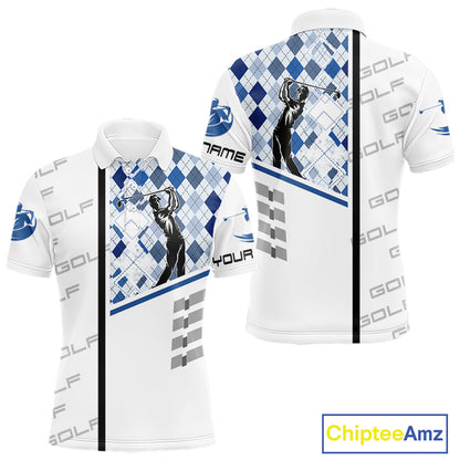 Custom Name Blue Argyle Pattern Mens Polo Shirt, White Golf Jersey Best Argyle Golf Gifts NYN2994