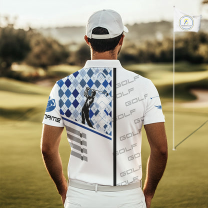 Custom Name Blue Argyle Pattern Mens Polo Shirt, White Golf Jersey Best Argyle Golf Gifts NYN2994