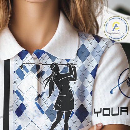 Custom Name Blue Argyle Pattern Womens Polo Shirt, White Golf Jersey Best Argyle Golf Gifts NYN2994