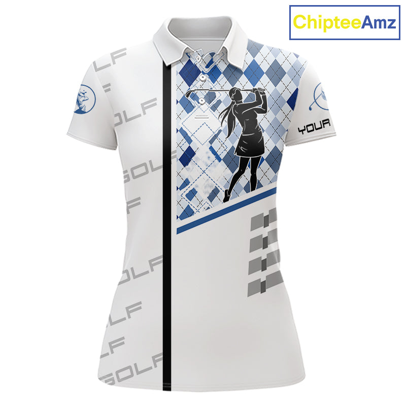 Custom Name Blue Argyle Pattern Womens Polo Shirt, White Golf Jersey Best Argyle Golf Gifts NYN2994