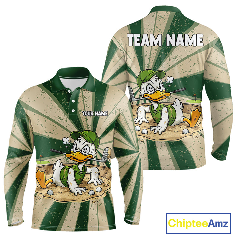 Mens Funny Duck Golf Shirts Grunge Green Beige Golf Clothing Custom Golf Team Polo, Golf Upf Shirts NYN2998