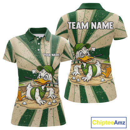 Womens Funny Duck Golf Shirts Grunge Green Beige Golf Clothing Custom Golf Team Polo, Golf Upf Shirts NYN2998