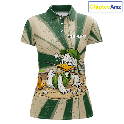 Womens Funny Duck Golf Shirts Grunge Green Beige Golf Clothing Custom Golf Team Polo, Golf Upf Shirts NYN2998