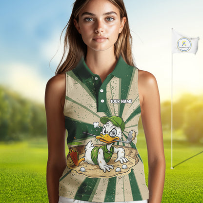 Womens Funny Duck Golf Shirts Grunge Green Beige Golf Clothing Custom Golf Team Sleeveless Polo, Golf Upf Shirts NYN2998