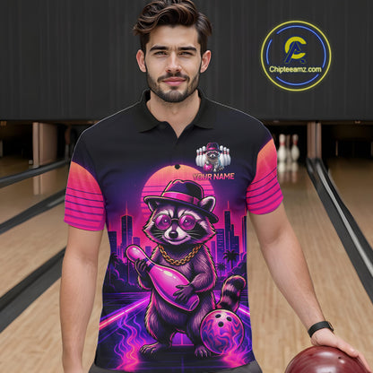 Funny Rich Raccoon Bowling Shirts For Men Custom Neon Bowling Polo & Quarter-Zip Jerseys NYN3415