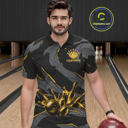 Male bowler wearing grey yellow bowling jersey during USBC tournament, premium athletic apparel representing confidence, leadership and focus.