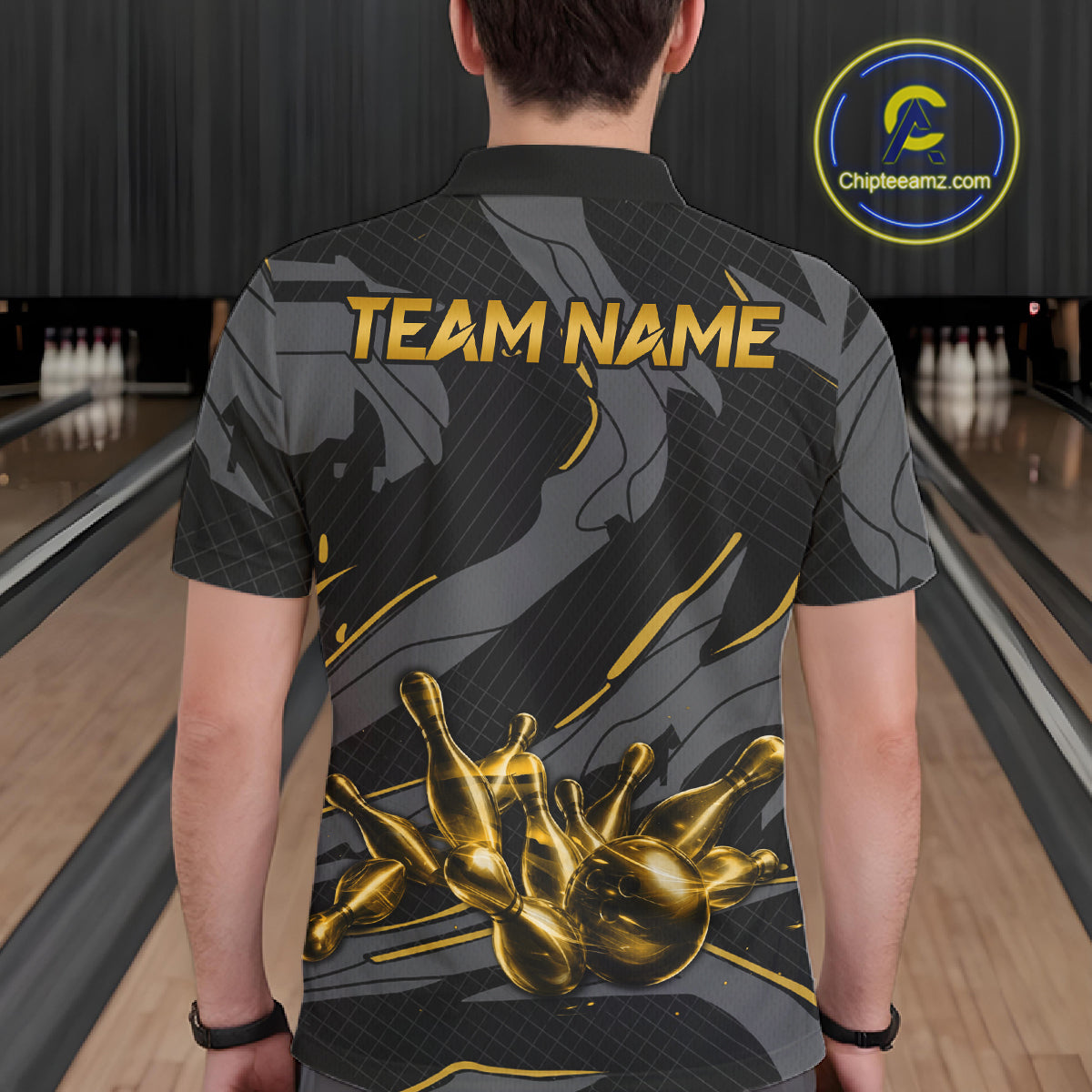Male bowler wearing grey yellow bowling jersey during USBC tournament, premium athletic apparel representing confidence, leadership and focus.