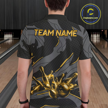 Male bowler wearing grey yellow bowling jersey during USBC tournament, premium athletic apparel representing confidence, leadership and focus.