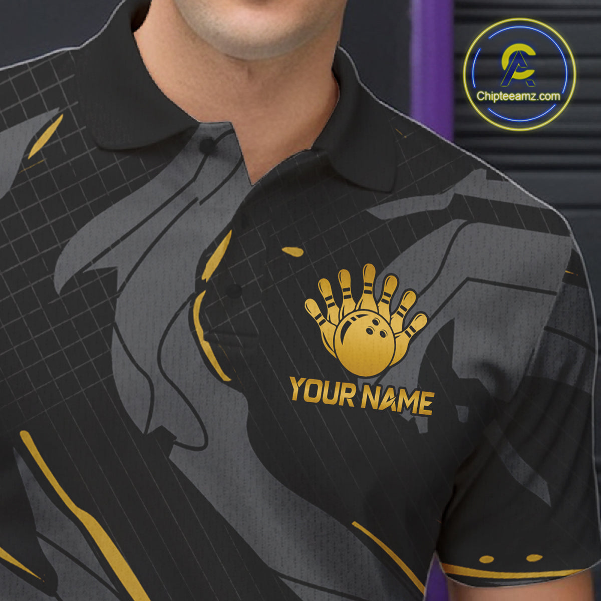 Male bowler wearing grey yellow bowling jersey during USBC tournament, premium athletic apparel representing confidence, leadership and focus.