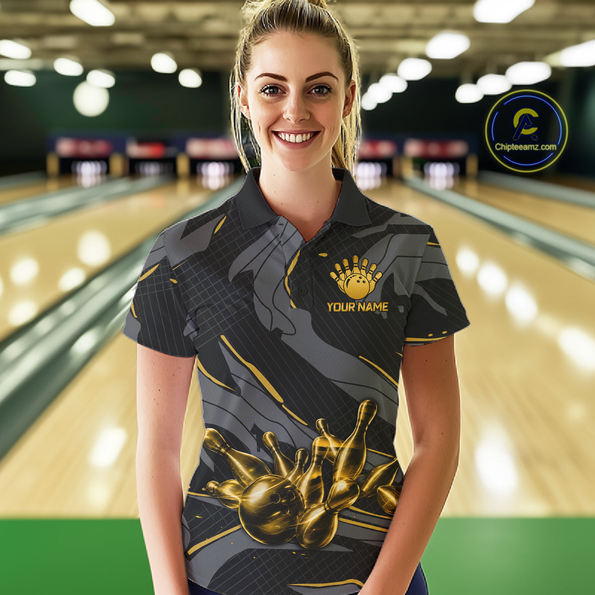 Female bowler wearing grey yellow bowling jersey during league competition, athletic apparel representing optimism, resilience and ambition.
