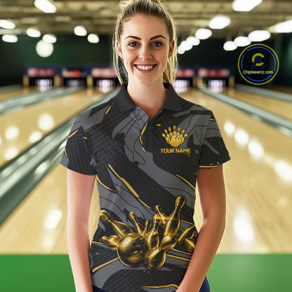Female bowler wearing grey yellow bowling jersey during league competition, athletic apparel representing optimism, resilience and ambition.