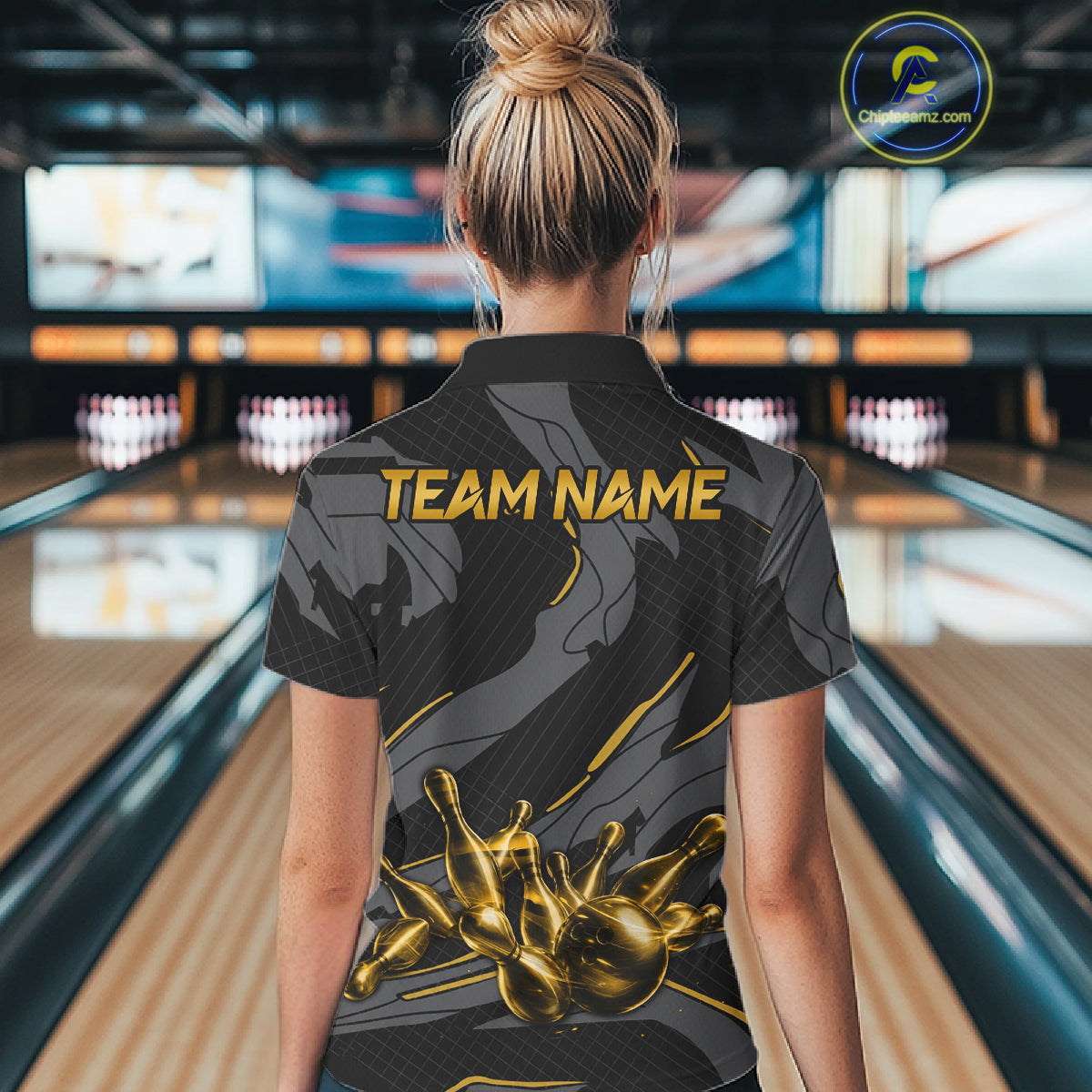 Female bowler wearing grey yellow bowling jersey during league competition, athletic apparel representing optimism, resilience and ambition.