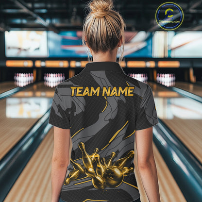 Female bowler wearing grey yellow bowling jersey during league competition, athletic apparel representing optimism, resilience and ambition.