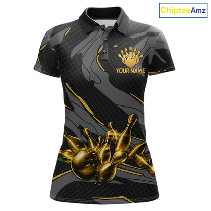 Women's bowling polo featuring grey and yellow lightning strike graphics, personalized bowling apparel for graphic art lovers, motorsport fans and tournament bowlers, symbolizing optimism, focus, confidence and creativity.