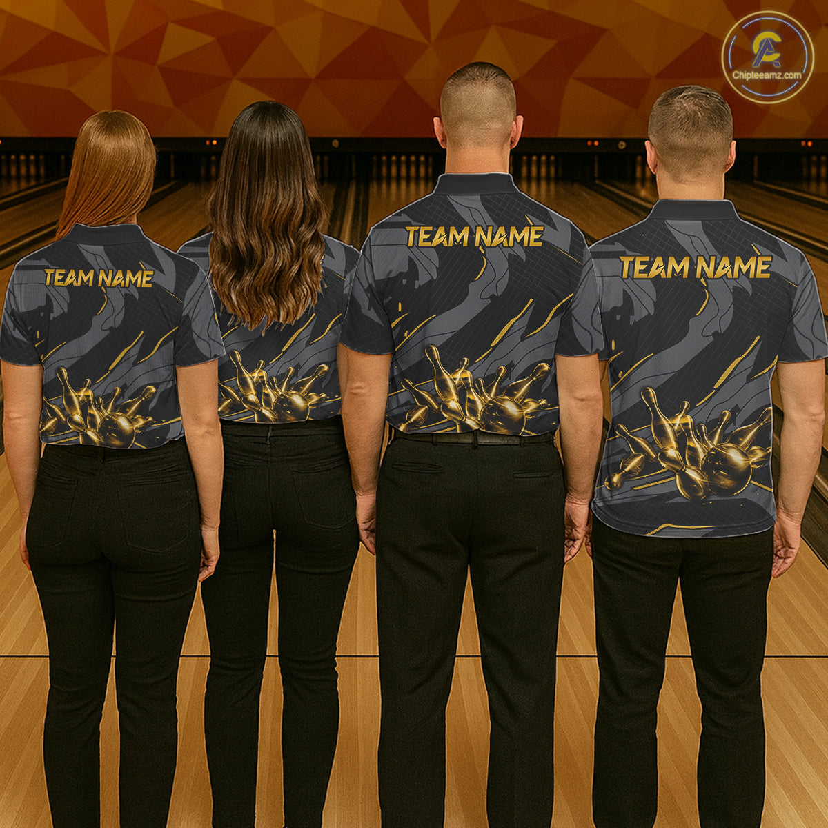 Bowling team wearing matching grey yellow lightning jerseys during tournament finals, representing unity, teamwork, energy and championship success.