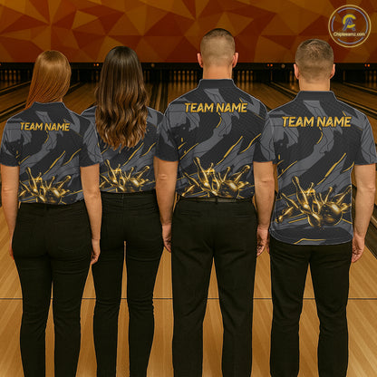 Bowling team wearing matching grey yellow lightning jerseys during tournament finals, representing unity, teamwork, energy and championship success.