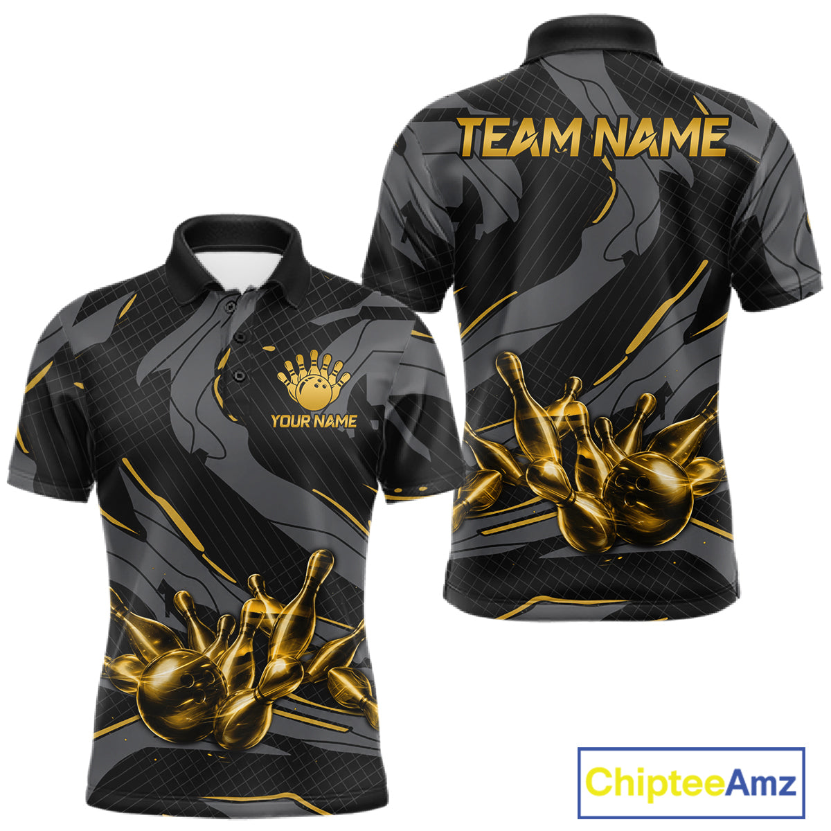 Men's bowling polo featuring grey and yellow lightning strike graphics, personalized bowling apparel for motorsport fans, cyclists, esports players and league bowlers, symbolizing optimism, creativity, intelligence and resilience.
