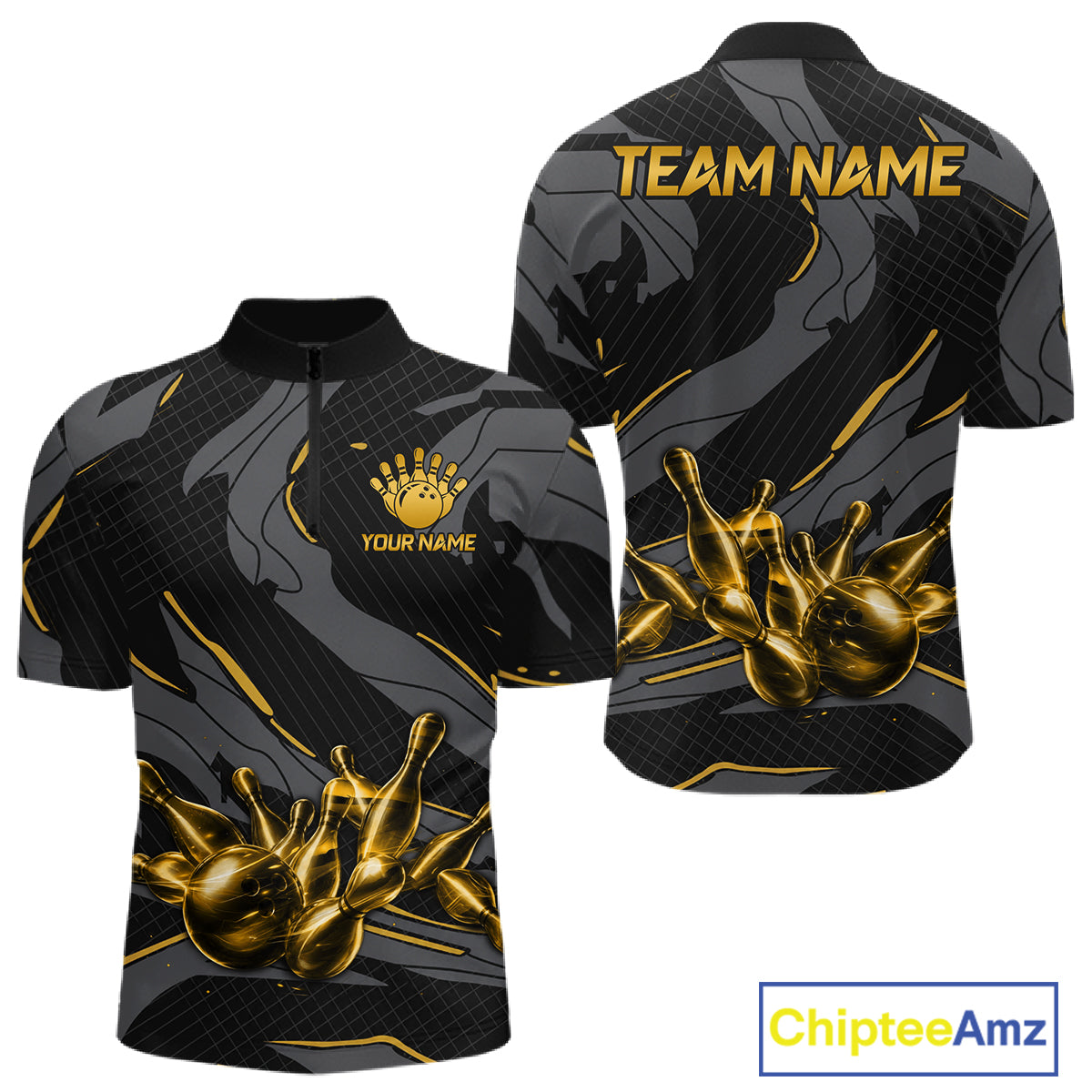 Men's quarter-zip bowling jersey featuring yellow lightning graphics, premium tournament apparel representing speed, momentum and championship ambition.