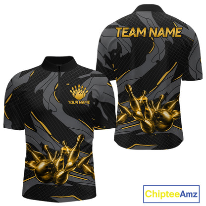 Men's quarter-zip bowling jersey featuring yellow lightning graphics, premium tournament apparel representing speed, momentum and championship ambition.