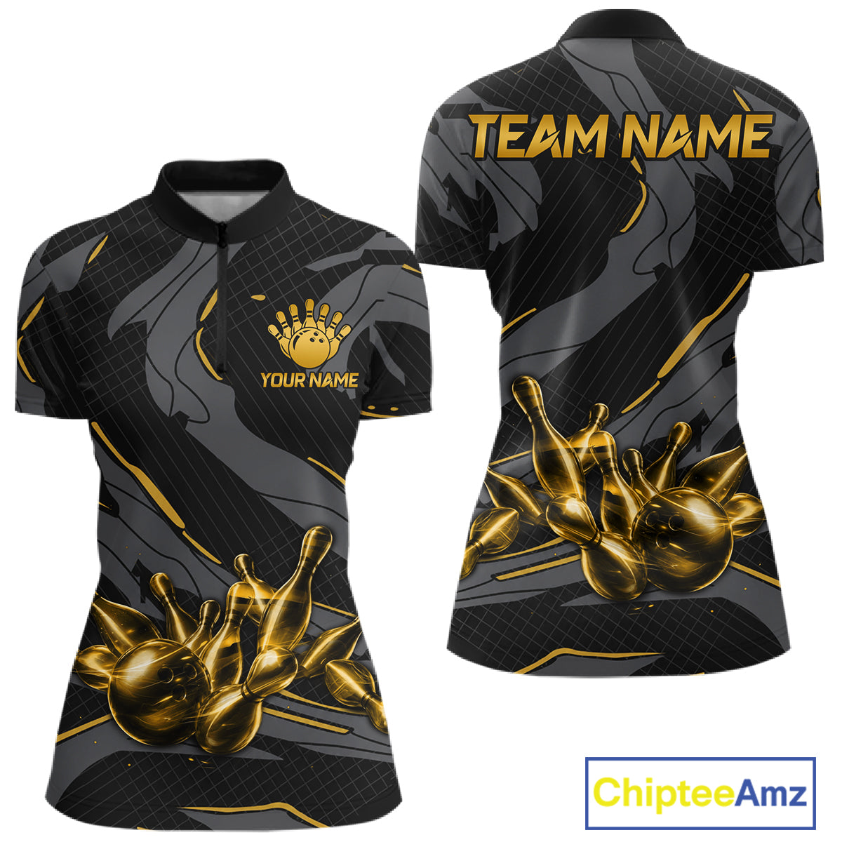 Women's quarter-zip bowling jersey featuring grey yellow lightning graphics, premium performance apparel symbolizing determination, momentum and excellence.