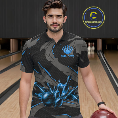 Male bowler wearing grey blue lightning bowling jersey during championship tournament, premium sportswear representing confidence, intelligence and determination.