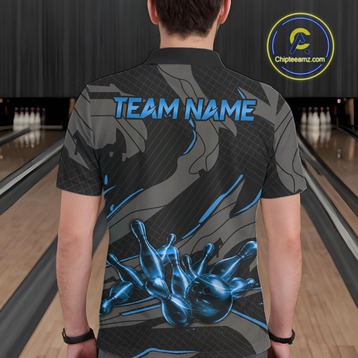 Male bowler wearing grey blue lightning bowling jersey during championship tournament, premium sportswear representing confidence, intelligence and determination.