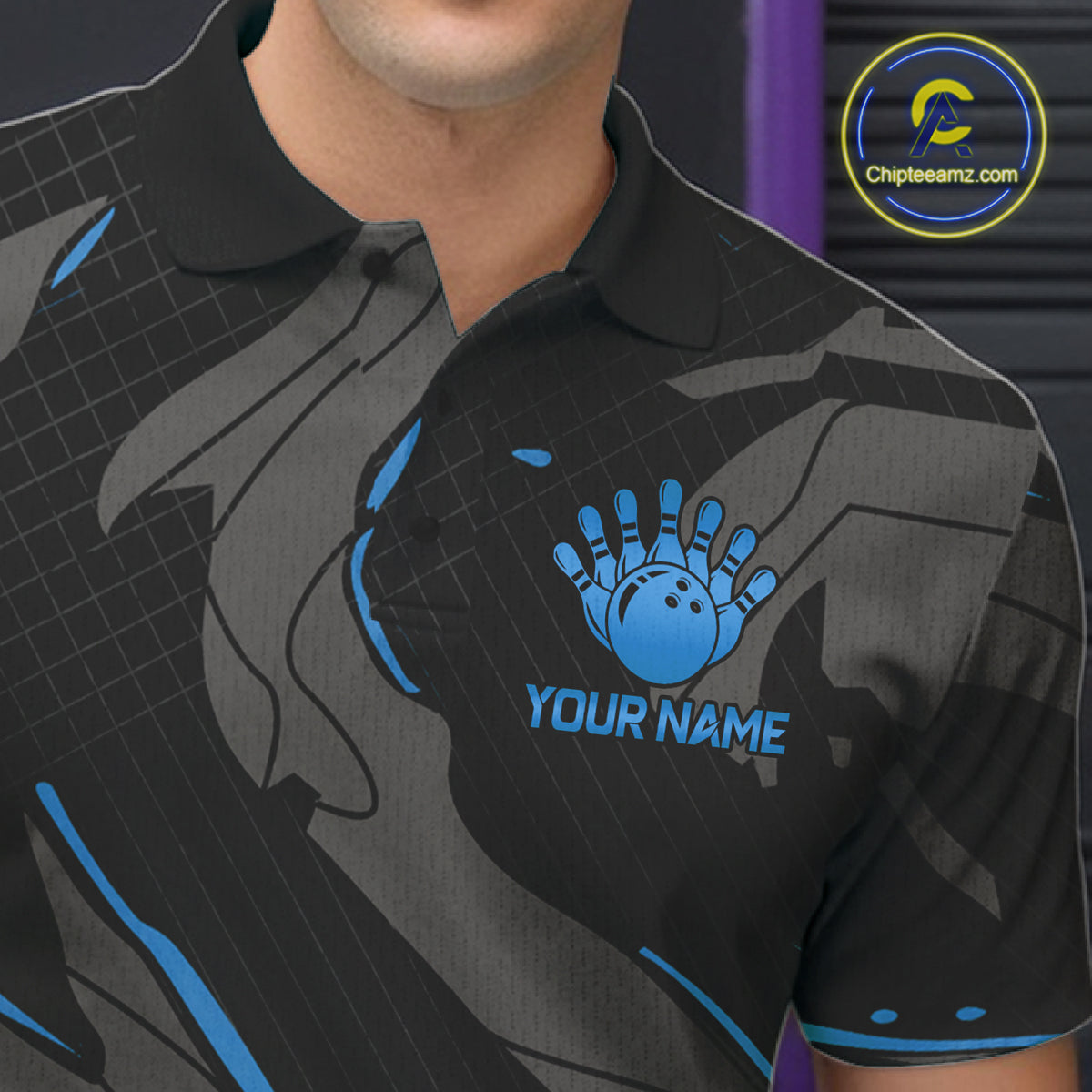 Male bowler wearing grey blue lightning bowling jersey during championship tournament, premium sportswear representing confidence, intelligence and determination.