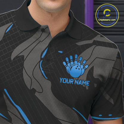 Male bowler wearing grey blue lightning bowling jersey during championship tournament, premium sportswear representing confidence, intelligence and determination.