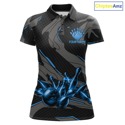 Women's bowling polo featuring grey and blue lightning strike graphics, personalized bowling apparel for technology lovers, esports fans and science enthusiasts, symbolizing clarity, discipline, intelligence and confidence.