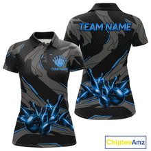 Load image into Gallery viewer, Women's bowling polo featuring grey and blue lightning strike graphics, personalized bowling apparel for technology lovers, esports fans and science enthusiasts, symbolizing clarity, discipline, intelligence and confidence.