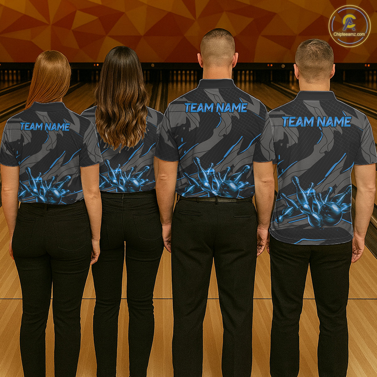 Bowling team wearing matching grey blue lightning jerseys during league championships, representing unity, teamwork, leadership and lasting championship performance.