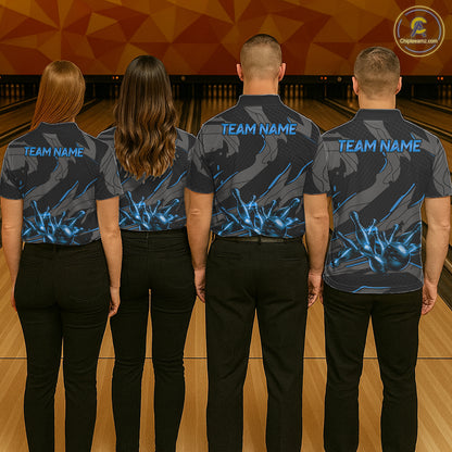 Bowling team wearing matching grey blue lightning jerseys during league championships, representing unity, teamwork, leadership and lasting championship performance.