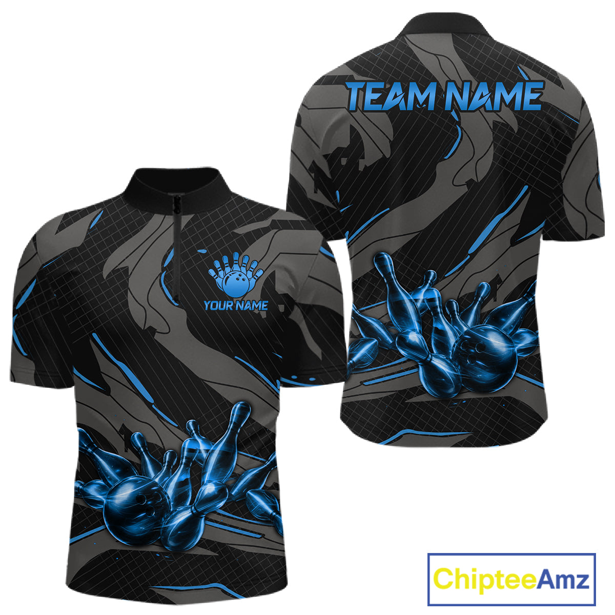 Men's quarter-zip bowling jersey featuring grey blue strike graphics, breathable tournament apparel symbolizing precision, teamwork and championship success.