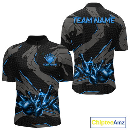 Men's quarter-zip bowling jersey featuring grey blue strike graphics, breathable tournament apparel symbolizing precision, teamwork and championship success.