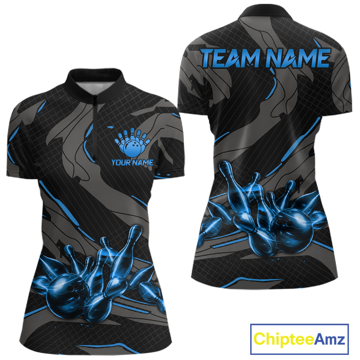 Women's quarter-zip bowling jersey featuring grey blue lightning graphics, premium bowling tournament apparel symbolizing balance, consistency and championship excellence.