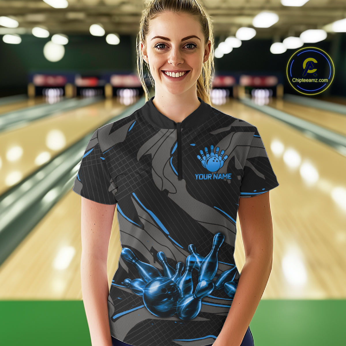 Female bowler wearing grey blue lightning bowling jersey during league play, personalized bowling apparel representing clarity, resilience and success.