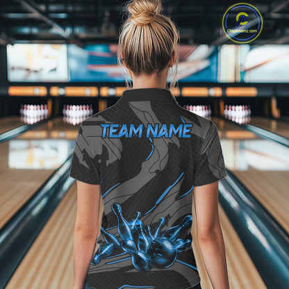 Female bowler wearing grey blue lightning bowling jersey during league play, personalized bowling apparel representing clarity, resilience and success.