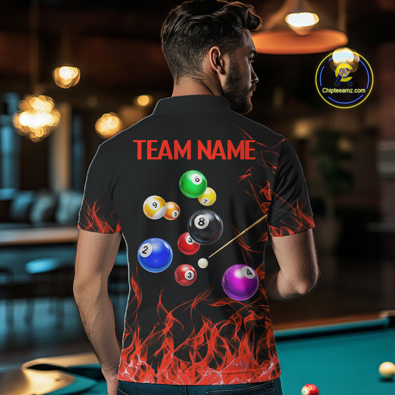 Red Flames Pool Balls Men Billiard Polo & 1/4-Zip Apparel Custom Billiard Team Shirt Designs NYN2405